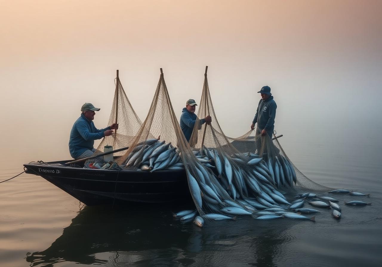 Fishermen harvesting silver carp at dawn